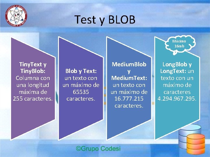 Test y BLOB Máximo 16 mb Tiny. Text y Tiny. Blob: Columna con una