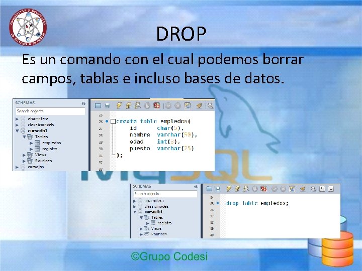 DROP Es un comando con el cual podemos borrar campos, tablas e incluso bases