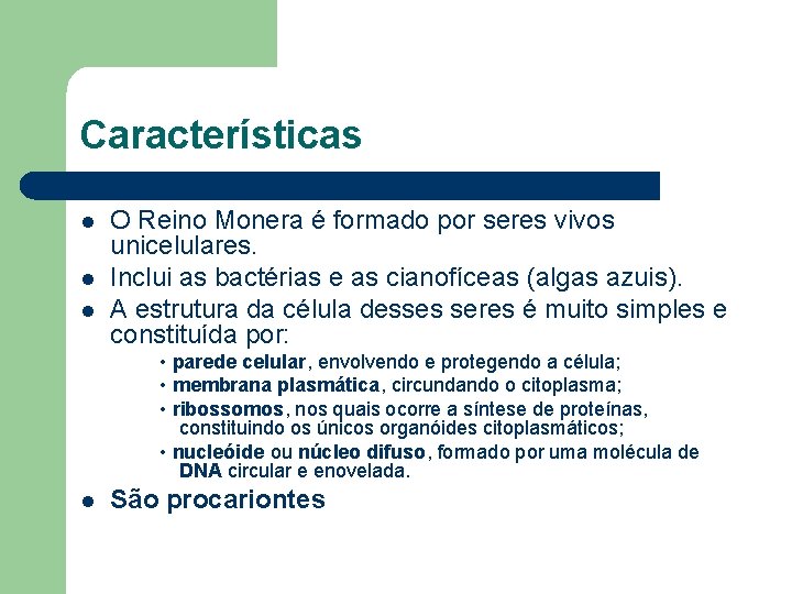 Características l l l O Reino Monera é formado por seres vivos unicelulares. Inclui