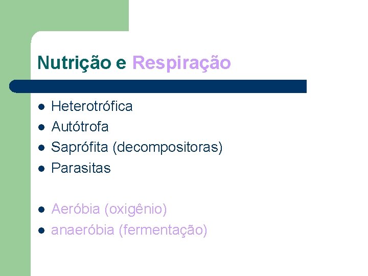 Nutrição e Respiração l l l Heterotrófica Autótrofa Saprófita (decompositoras) Parasitas Aeróbia (oxigênio) anaeróbia