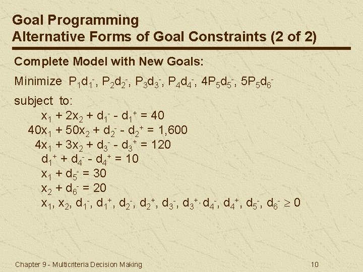 Goal Programming Alternative Forms of Goal Constraints (2 of 2) Complete Model with New