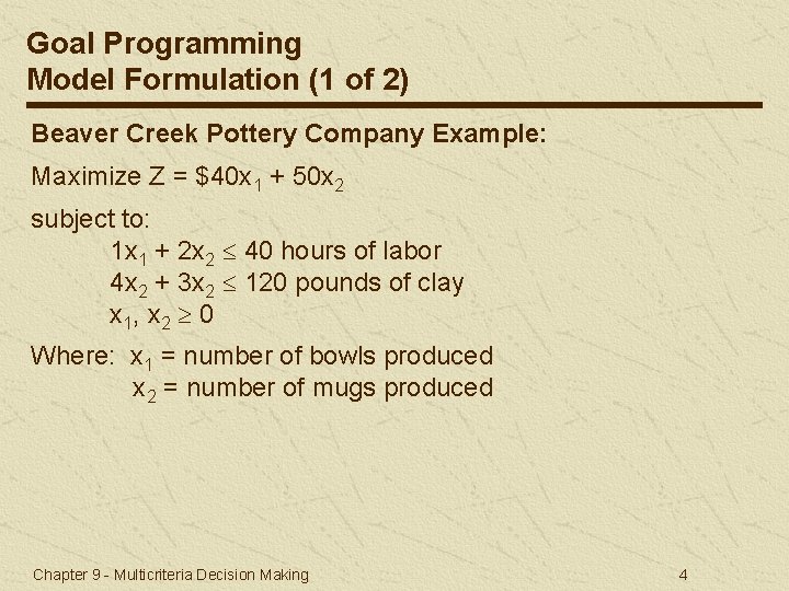 Goal Programming Model Formulation (1 of 2) Beaver Creek Pottery Company Example: Maximize Z