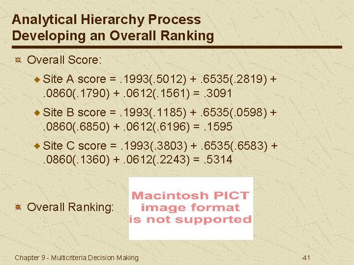 Analytical Hierarchy Process Developing an Overall Ranking Overall Score: Site A score =. 1993(.