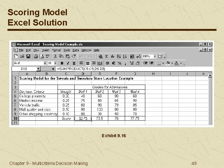 Scoring Model Excel Solution Exhibit 9. 16 Chapter 9 - Multicriteria Decision Making 49