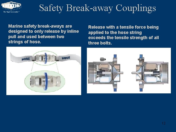 Safety Break-away Couplings Marine safety break-aways are designed to only release by inline pull