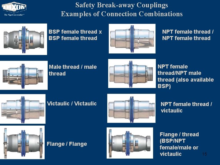 Safety Break-away Couplings Examples of Connection Combinations BSP female thread x BSP female thread