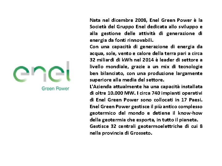 Nata nel dicembre 2008, Enel Green Power è la Società del Gruppo Enel dedicata