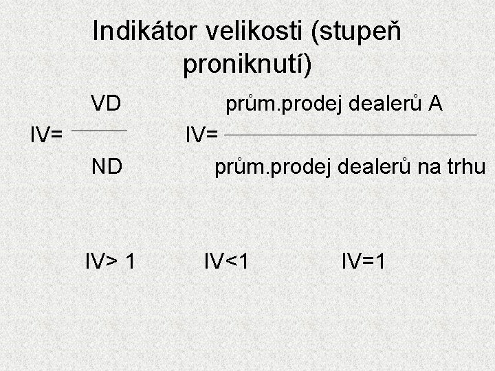 Indikátor velikosti (stupeň proniknutí) VD prům. prodej dealerů A ND IV= prům. prodej dealerů