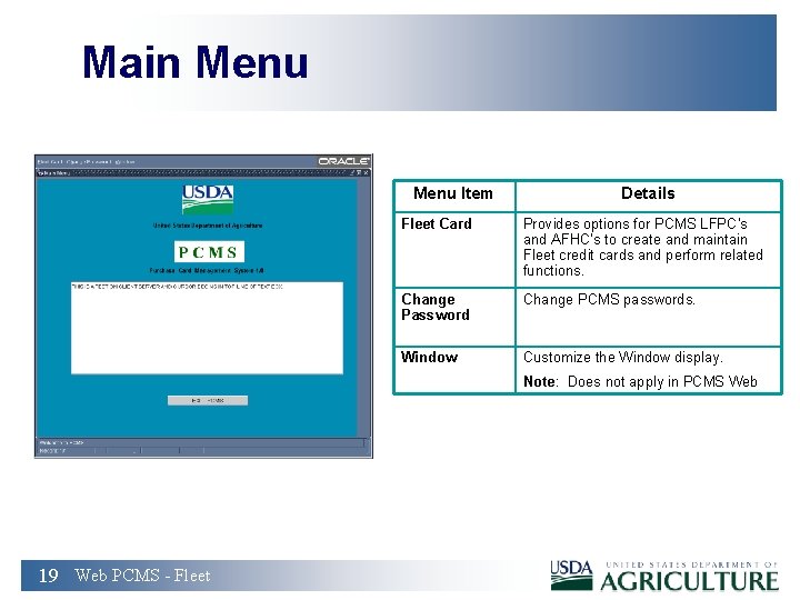 Main Menu Item Details Fleet Card Provides options for PCMS LFPC’s and AFHC’s to