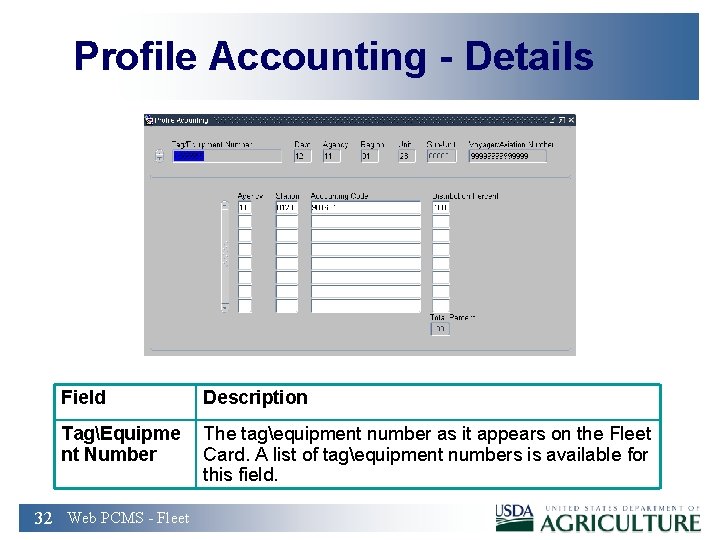 Profile Accounting - Details Field Description TagEquipme nt Number The tagequipment number as it