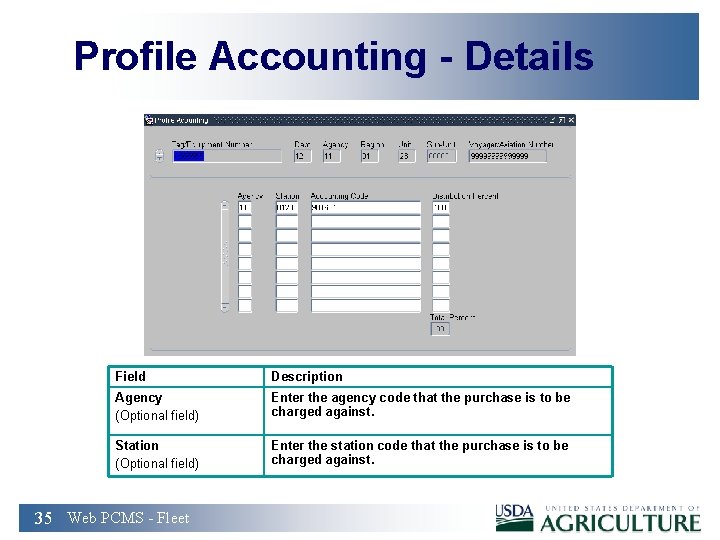 Profile Accounting - Details Field Description Agency (Optional field) Enter the agency code that
