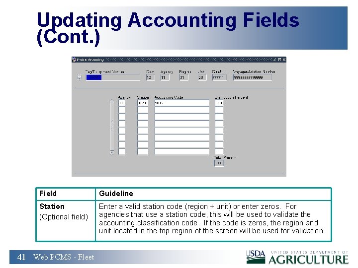 Updating Accounting Fields (Cont. ) Field Guideline Station (Optional field) Enter a valid station