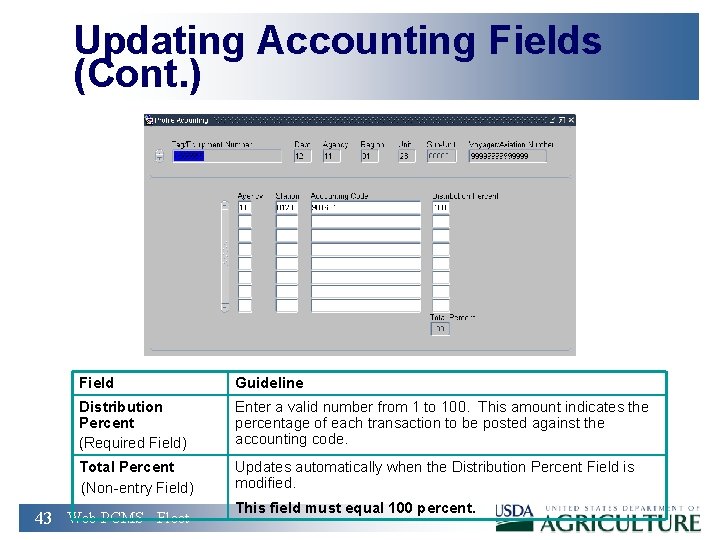 Updating Accounting Fields (Cont. ) Field Guideline Distribution Percent (Required Field) Enter a valid