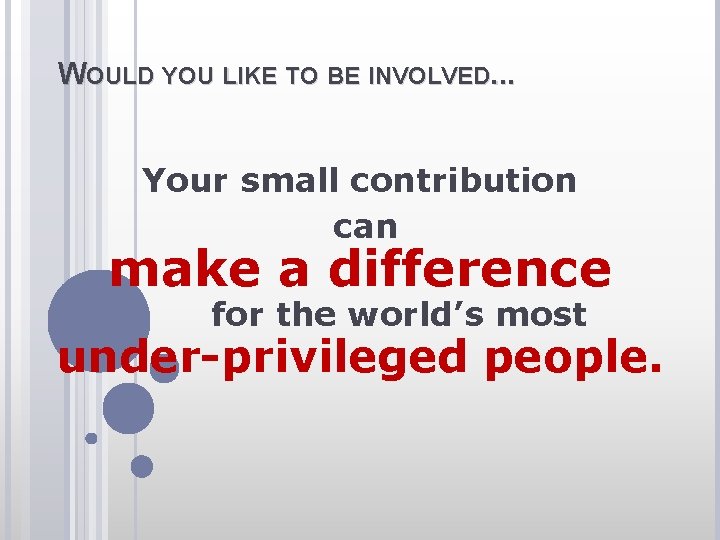 WOULD YOU LIKE TO BE INVOLVED. . . Your small contribution can make a