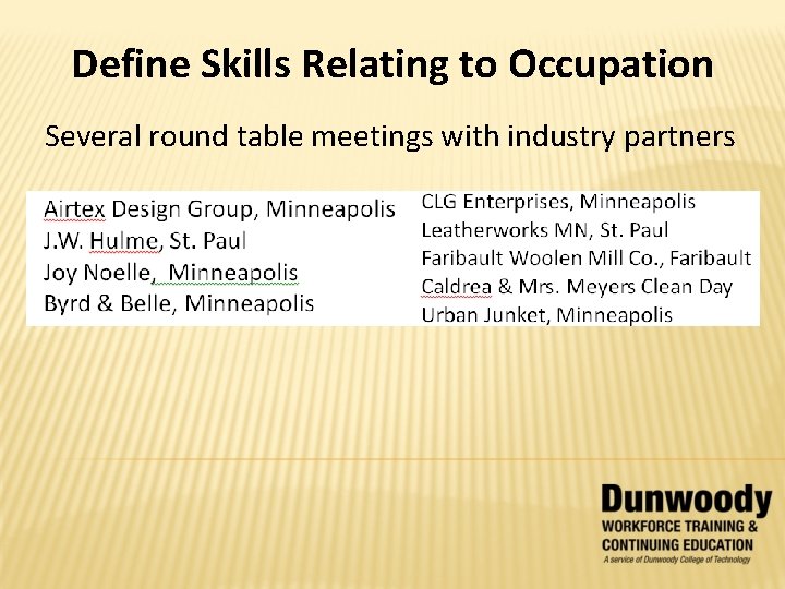 Define Skills Relating to Occupation Several round table meetings with industry partners 