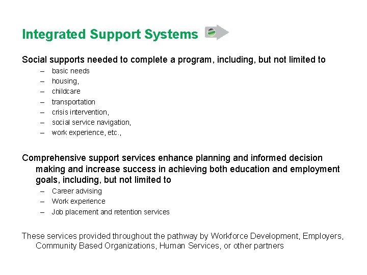 Integrated Support Systems Social supports needed to complete a program, including, but not limited