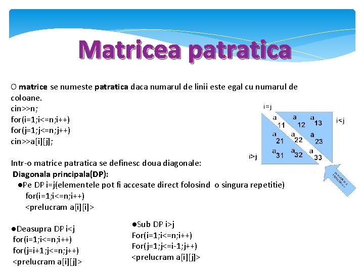 Matricea patratica O matrice se numeste patratica daca numarul de linii este egal cu