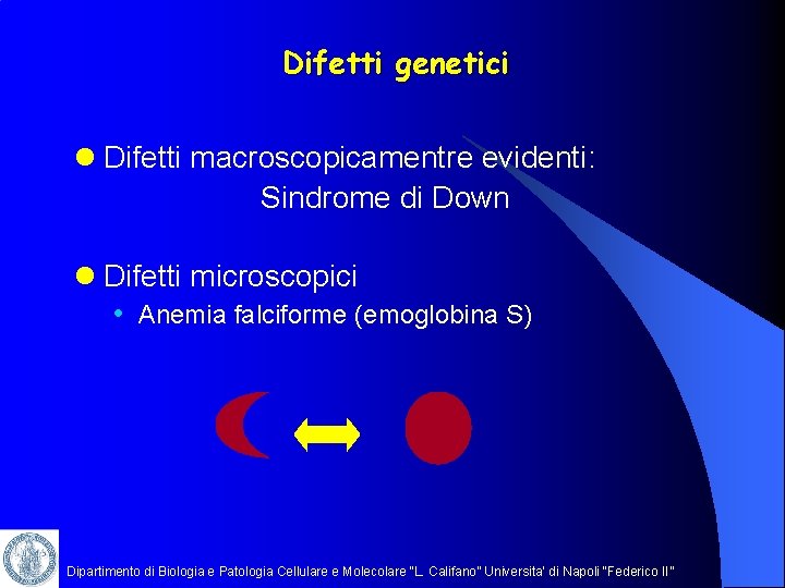 Difetti genetici l Difetti macroscopicamentre evidenti: Sindrome di Down l Difetti microscopici • Anemia