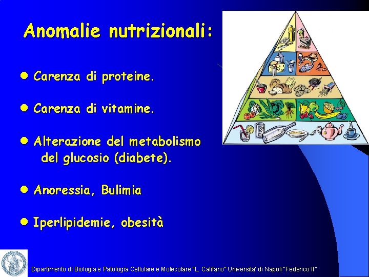 Anomalie nutrizionali: l Carenza di proteine. l Carenza di vitamine. l Alterazione del metabolismo