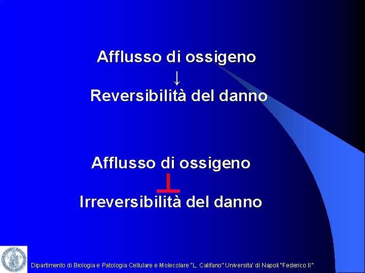 Afflusso di ossigeno ↓ Reversibilità del danno Afflusso di ossigeno Irreversibilità del danno Dipartimento