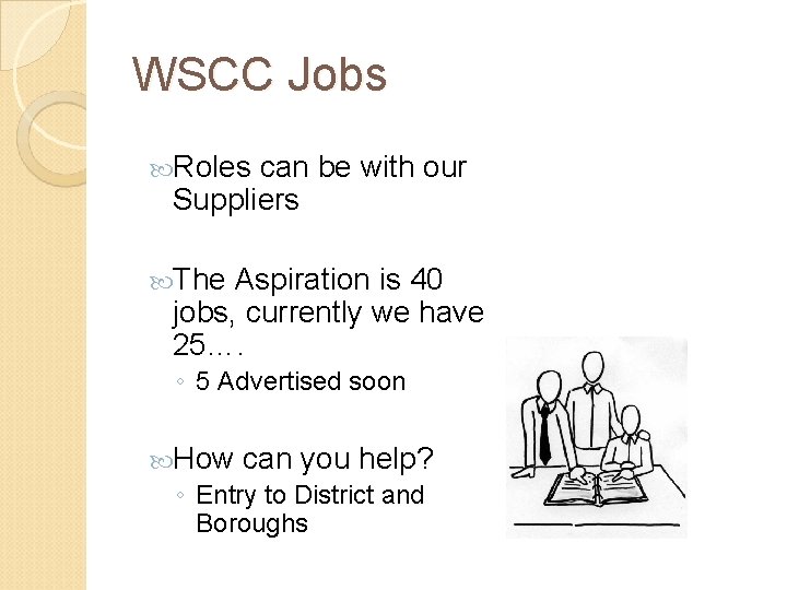 WSCC Jobs Roles can be with our Suppliers The Aspiration is 40 jobs, currently