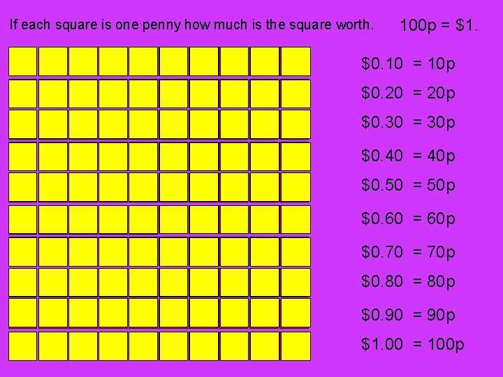 If each square is one penny how much is the square worth. 100 p