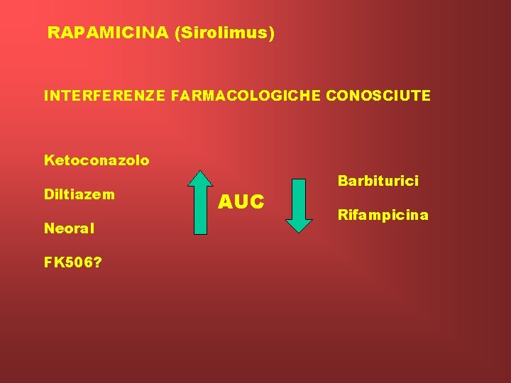 RAPAMICINA (Sirolimus) INTERFERENZE FARMACOLOGICHE CONOSCIUTE Ketoconazolo Diltiazem Neoral FK 506? AUC Barbiturici Rifampicina 