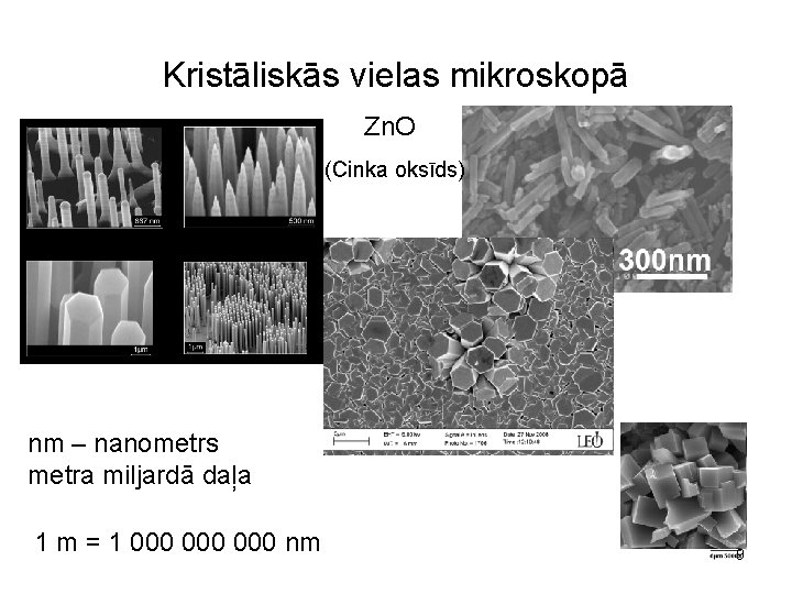 Kristāliskās vielas mikroskopā Zn. O (Cinka oksīds) nm – nanometrs metra miljardā daļa 1