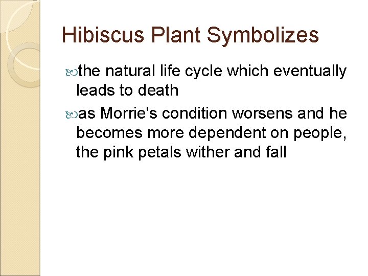 Hibiscus Plant Symbolizes the natural life cycle which eventually leads to death as Morrie's