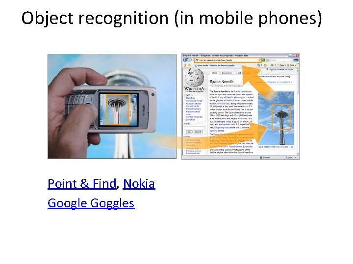 Object recognition (in mobile phones) Point & Find, Nokia Google Goggles 
