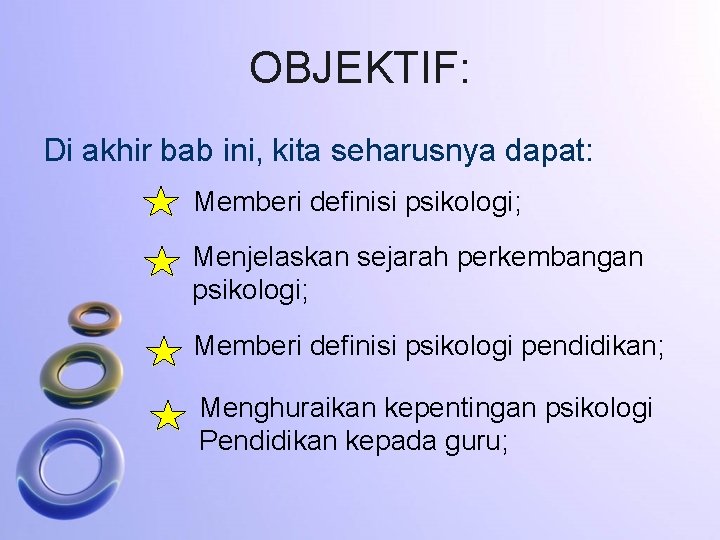 OBJEKTIF: Di akhir bab ini, kita seharusnya dapat: Memberi definisi psikologi; Menjelaskan sejarah perkembangan