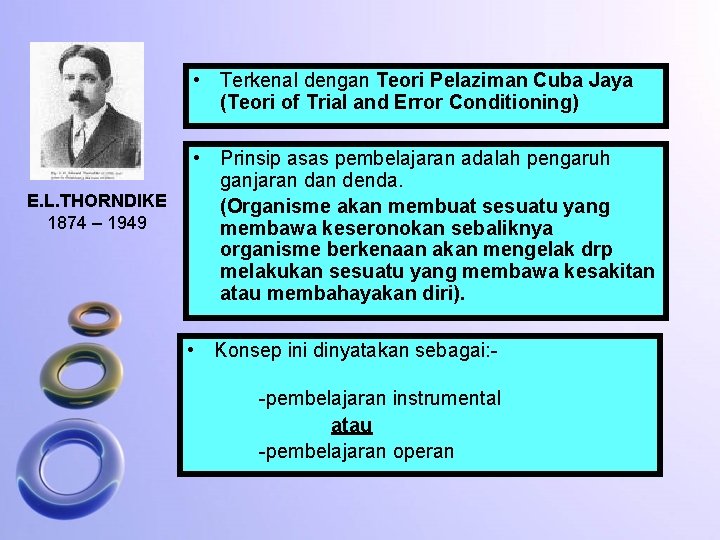  • Terkenal dengan Teori Pelaziman Cuba Jaya (Teori of Trial and Error Conditioning)