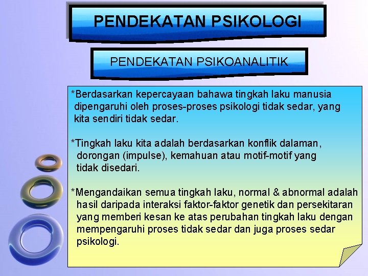 PENDEKATAN PSIKOLOGI PENDEKATAN PSIKOANALITIK *Berdasarkan kepercayaan bahawa tingkah laku manusia dipengaruhi oleh proses-proses psikologi