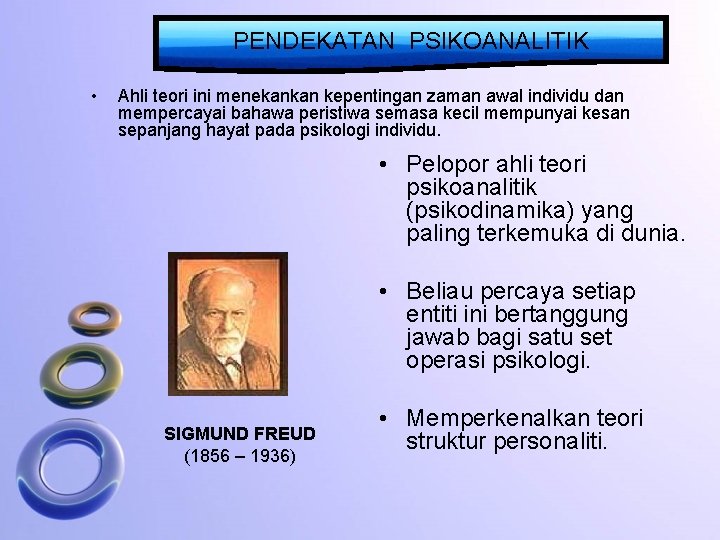 PENDEKATAN PSIKOANALITIK • Ahli teori ini menekankan kepentingan zaman awal individu dan mempercayai bahawa