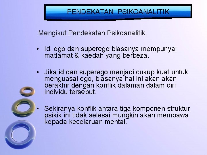 PENDEKATAN PSIKOANALITIK Mengikut Pendekatan Psikoanalitik; • Id, ego dan superego biasanya mempunyai matlamat &