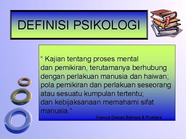 DEFINISI PSIKOLOGI “ Kajian tentang proses mental dan pemikiran, terutamanya berhubung dengan perlakuan manusia