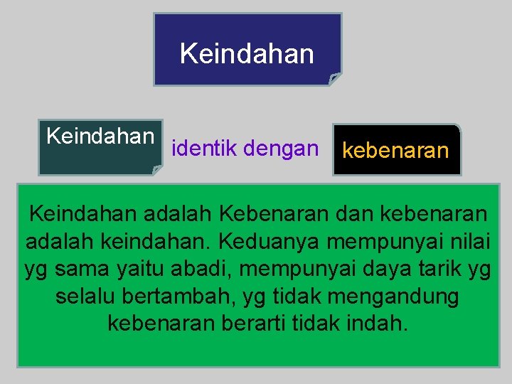  Keindahan identik dengan kebenaran Keindahan adalah Kebenaran dan kebenaran adalah keindahan. Keduanya mempunyai