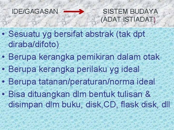 IDE/GAGASAN SISTEM BUDAYA (ADAT ISTIADAT) • Sesuatu yg bersifat abstrak (tak dpt diraba/difoto) •