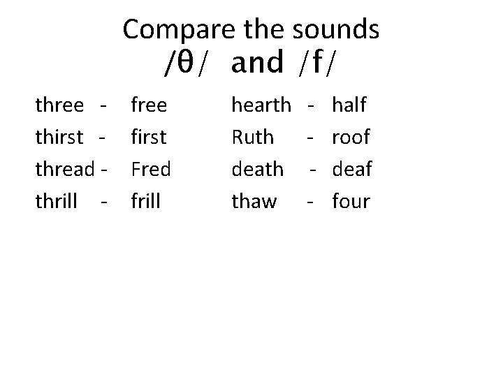 Compare the sounds /θ/ and /f/ three thirst thread thrill - free first Fred