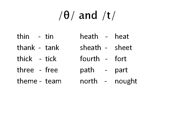 /θ/ and /t/ thin thank thick three theme - tin tank tick free team