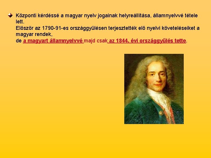 Központi kérdéssé a magyar nyelv jogainak helyreállítása, államnyelvvé tétele lett. Először az 1790 -91