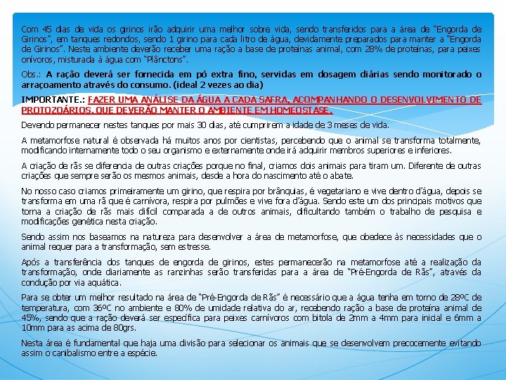 Com 45 dias de vida os girinos irão adquirir uma melhor sobre vida, sendo