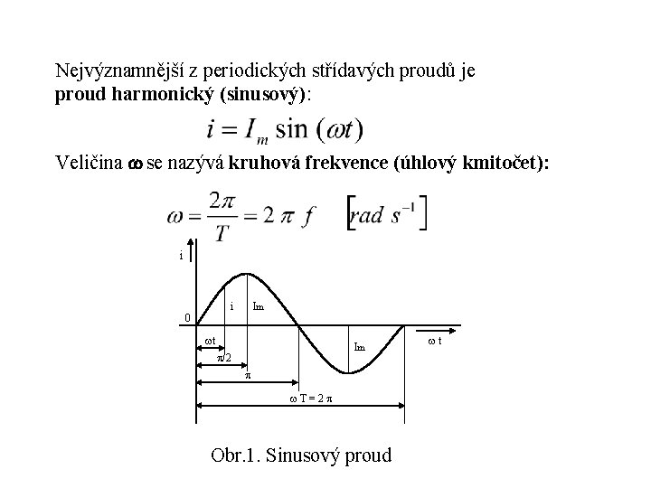 Nejvýznamnější z periodických střídavých proudů je proud harmonický (sinusový): Veličina se nazývá kruhová frekvence