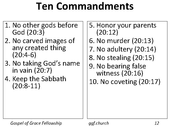 Ten Commandments 1. No other gods before God (20: 3) 2. No carved images