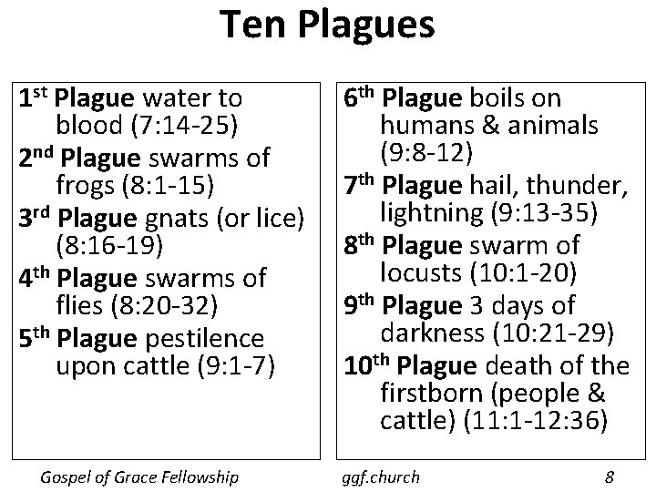 Ten Plagues 1 st Plague water to blood (7: 14 -25) 2 nd Plague