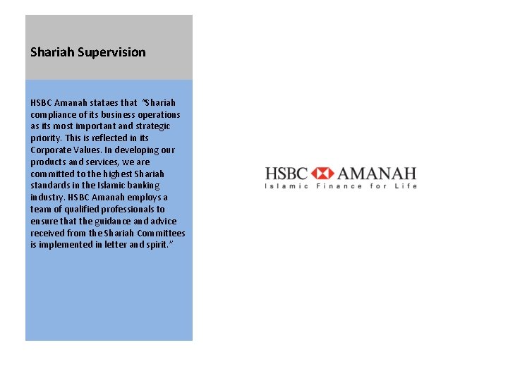 Shariah Supervision HSBC Amanah stataes that “Shariah compliance of its business operations as its