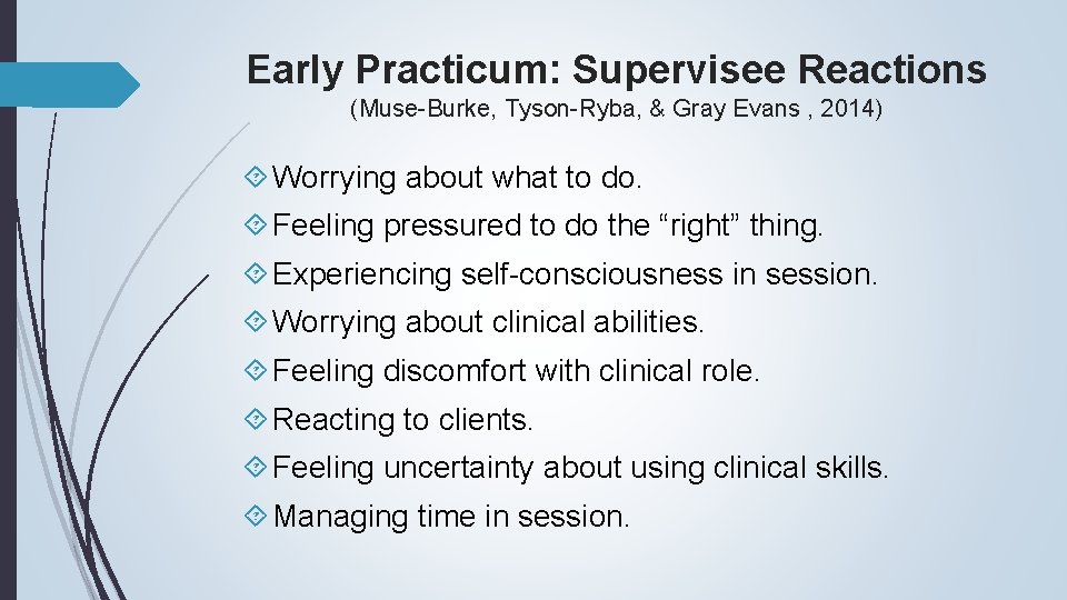 Early Practicum: Supervisee Reactions (Muse-Burke, Tyson-Ryba, & Gray Evans , 2014) Worrying about what