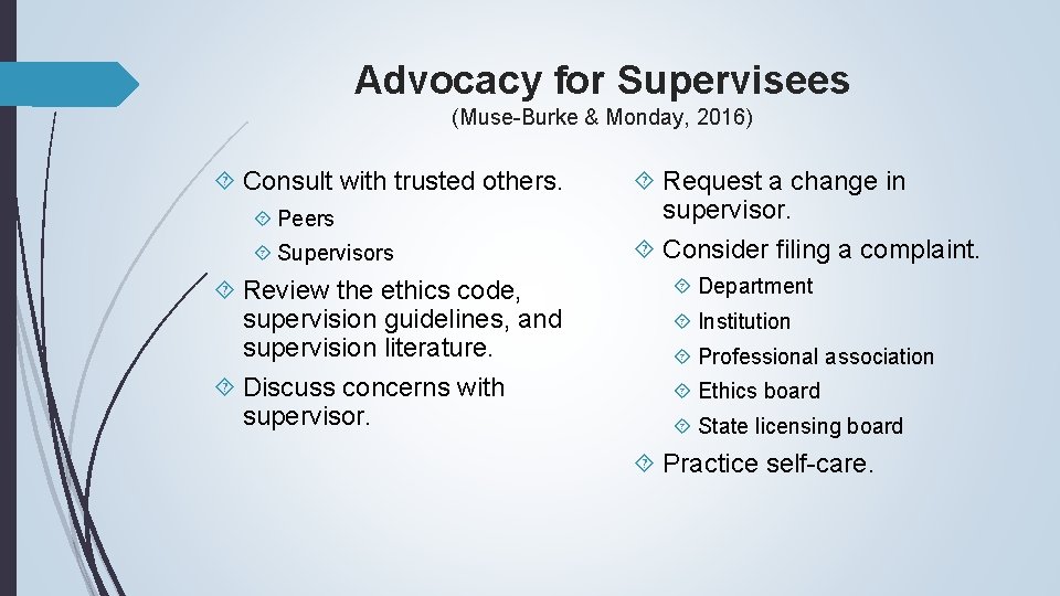 Advocacy for Supervisees (Muse-Burke & Monday, 2016) Consult with trusted others. Peers Supervisors Review