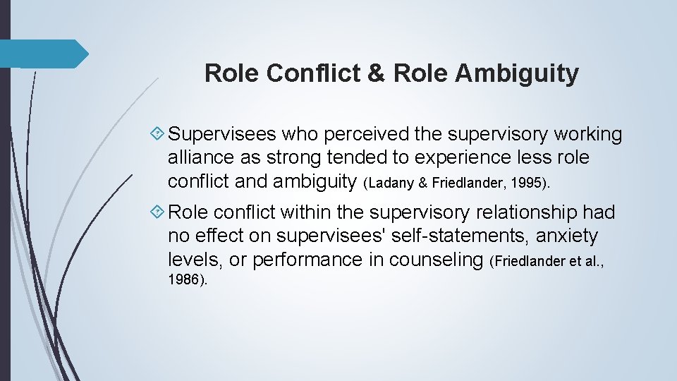 Role Conflict & Role Ambiguity Supervisees who perceived the supervisory working alliance as strong