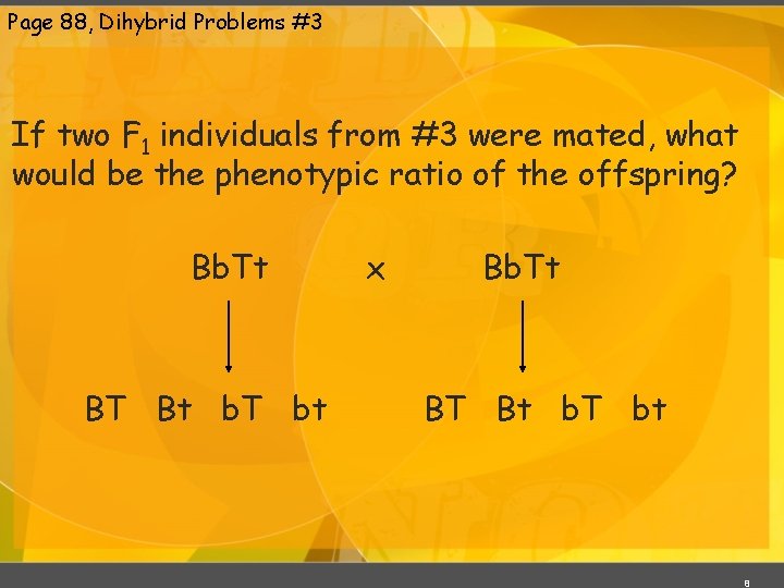 Page 88, Dihybrid Problems #3 If two F 1 individuals from #3 were mated,